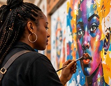An artist painting a colourful portrait mural.