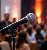 A microphone on stage in front of an audience.