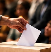 A hand placing a ballot paper into a ballot box.