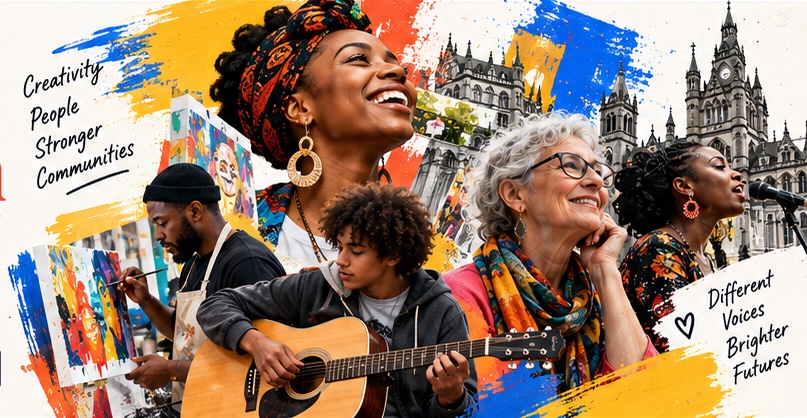 A collage of creatives: a smiling woman in a patterned headwrap, a painter at a canvas, a young guitarist, an older woman and a singer in front of Manchester Town Hall, with handwritten notes reading Creativity, People, Stronger Communities and Different Voices, Brighter Futures.