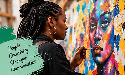 An artist painting a vividly coloured portrait. A note reads People, Creativity, Stronger Communities.