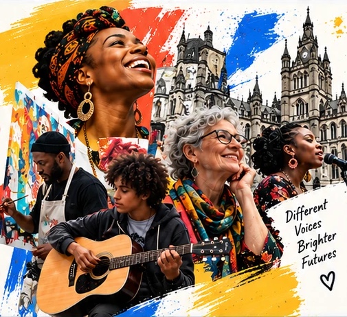 A collage of creatives: a smiling woman in a patterned headwrap, a painter, a young guitarist, an older woman and a singer in front of Manchester Town Hall, with a note reading Different Voices, Brighter Futures.